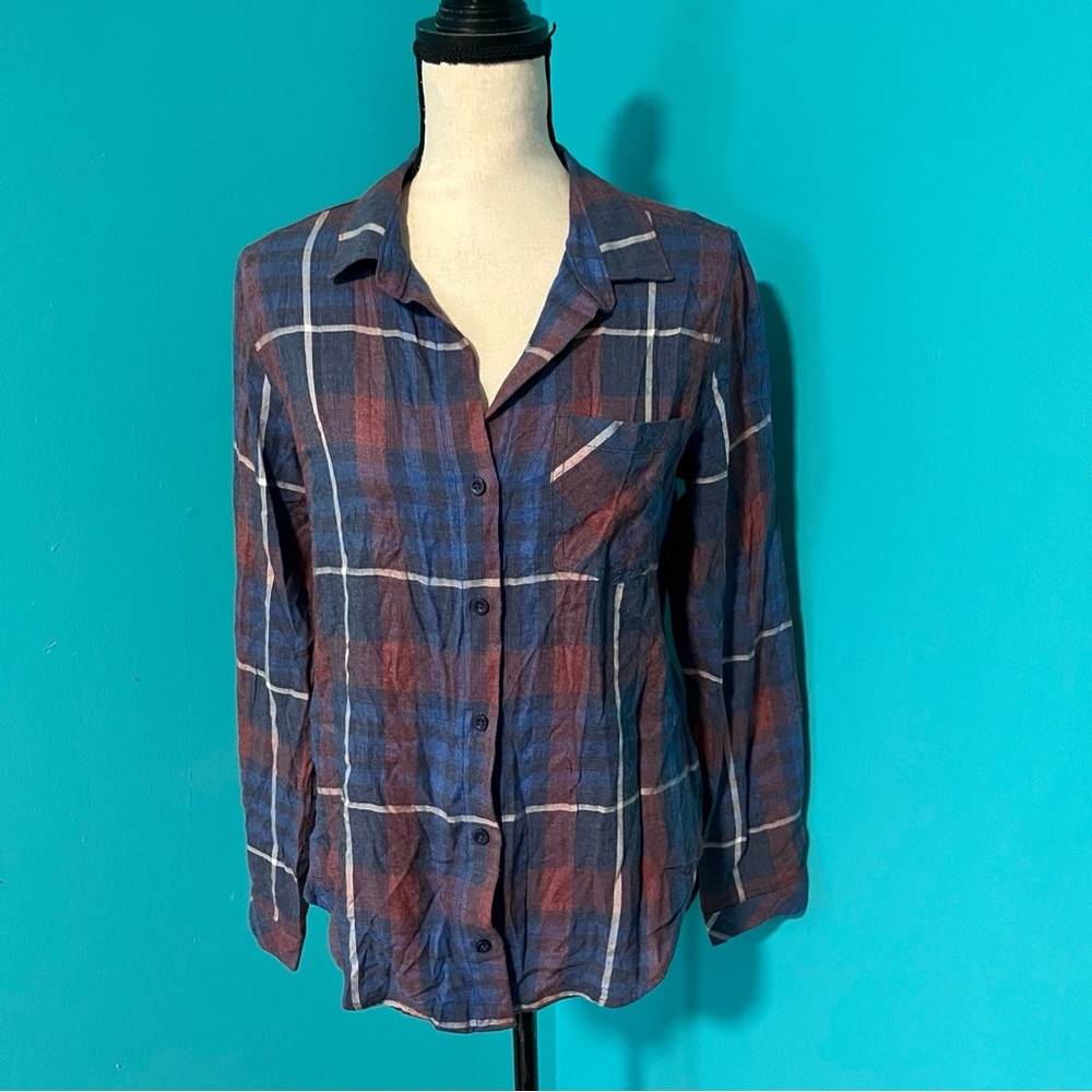 Cloth & Stone M Aurora Red Blue Plaid Button Down Top Chest Pocket